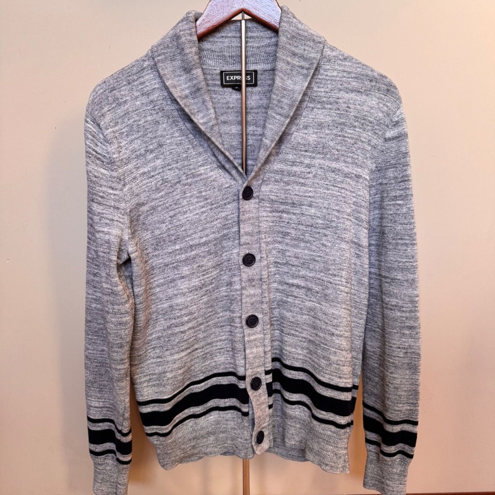 Express Men Shawl Collar Cardigan Sweater Heather Gray Black Stripe Trim Size M‎